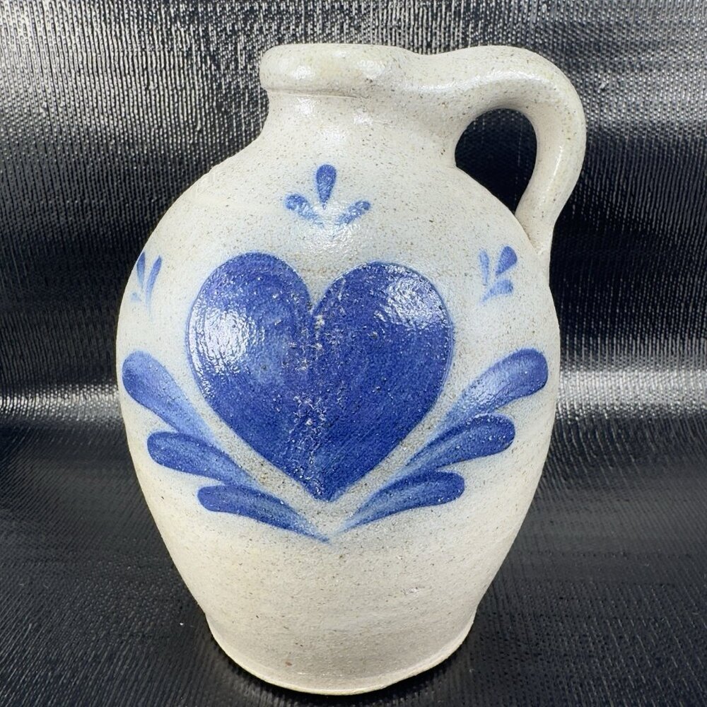 1994 Rowe Pottery Works Salt Glazed Gray Blue Heart Jug Carafe Container Marked - Picture 15 of 16
